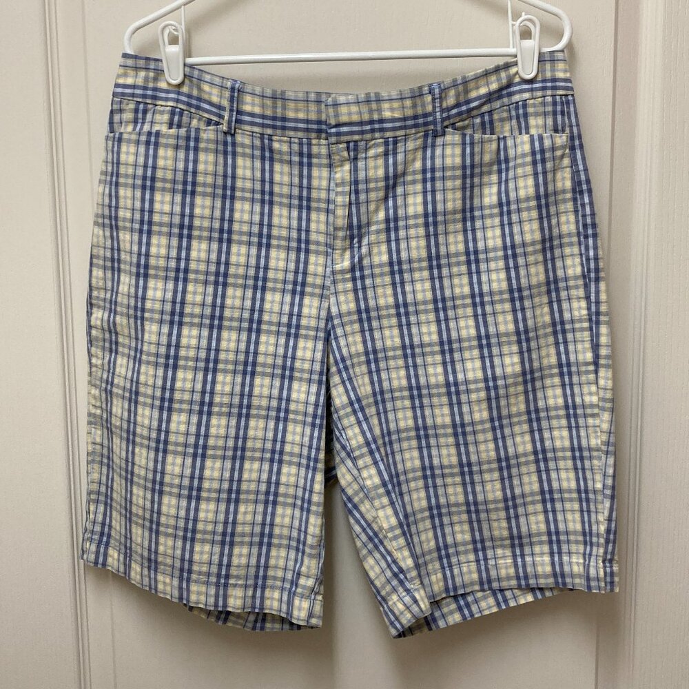 Dockers Ideal Fit Metro Bermuda Plaid Blue White Yellow Womens Shorts Size 14